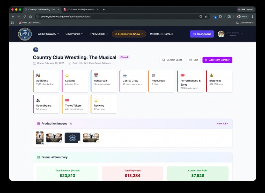 Country Club Wrestling production management dashboard